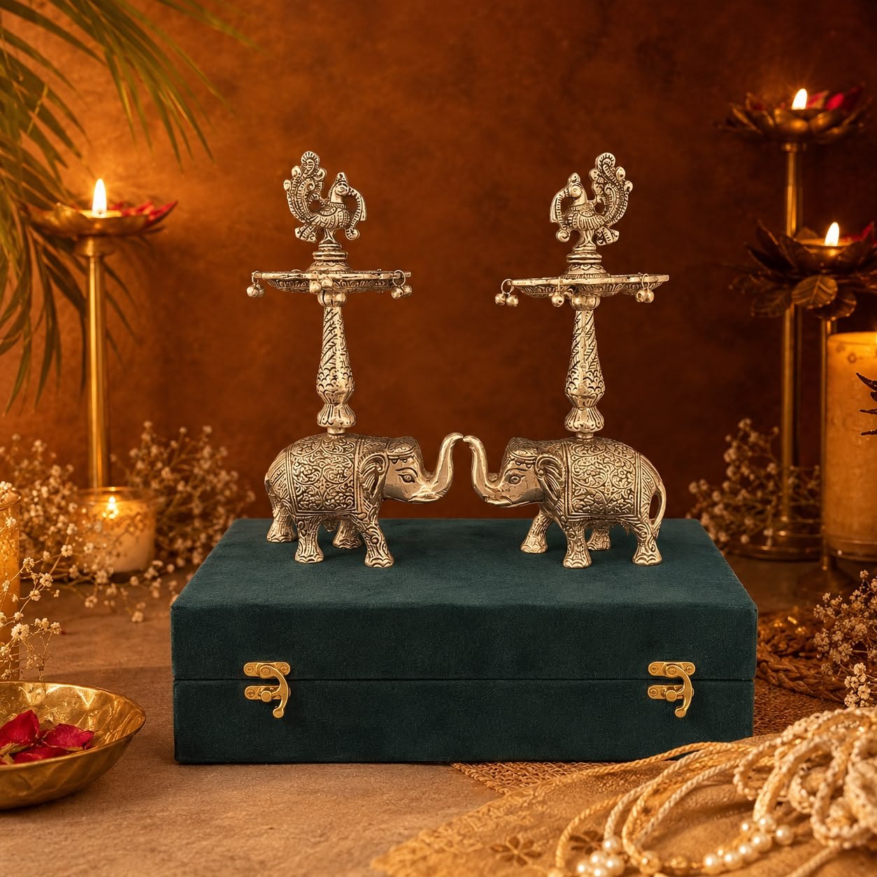 GERMAN SILVER ELEPHANT DIYA SET WITH VELVET GIFT BOX | DIWALI PEACOCK DIYA PAIR