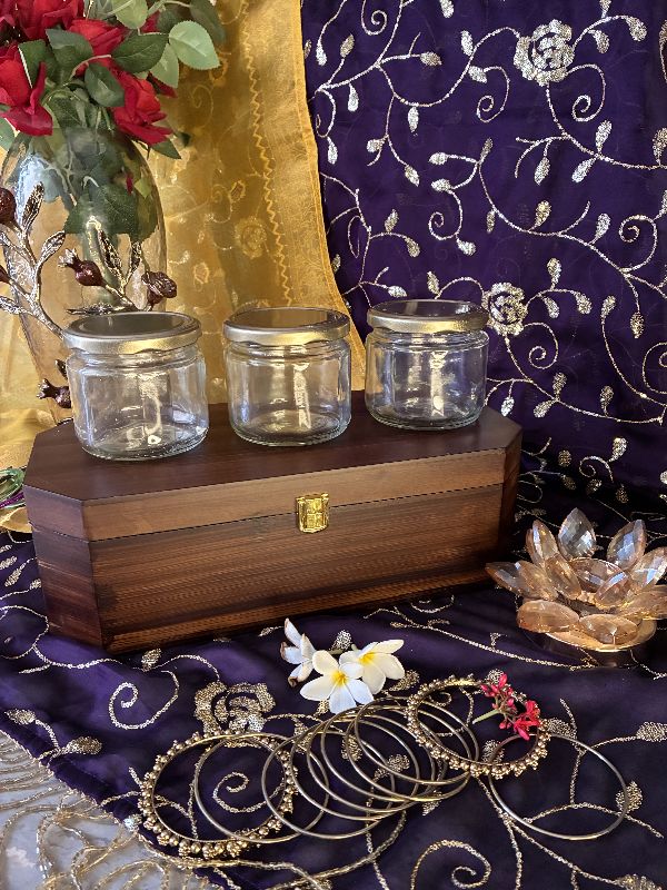 DIWALI GIFT BOX WITH 3 GLASS JARS | WOODEN DRY FRUIT STORAGE BOX WITH GOLD LID