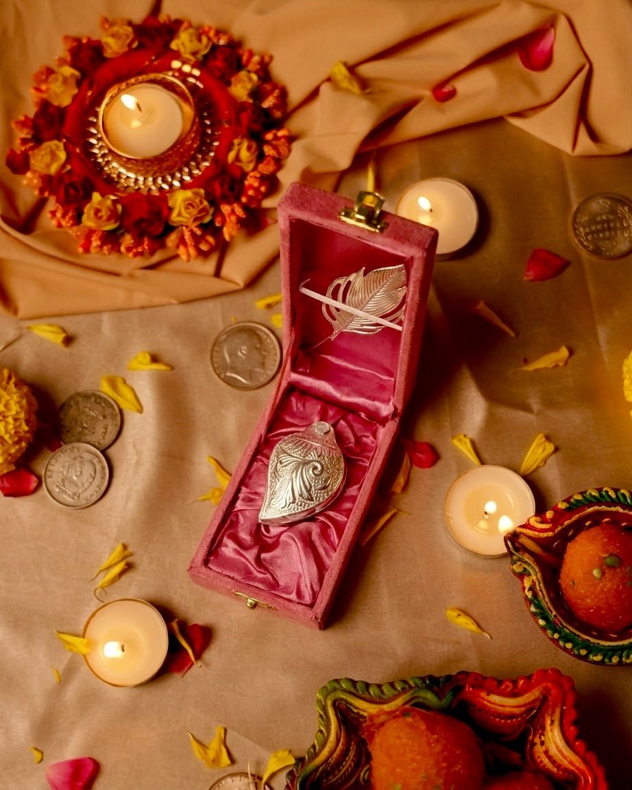 GERMAN SILVER TILAK & CHOPDA SET WITH PINK VELVET BOX | DIWALI POOJA GIFT